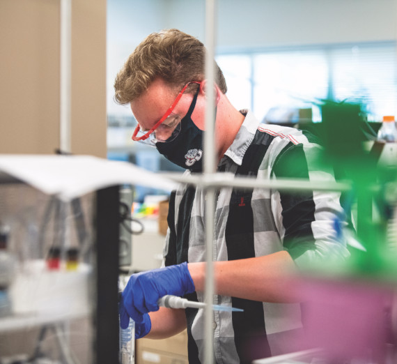 Deux personnes étudient une plante dans une serre.